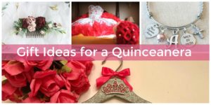 Collage of a floral hair comb, red roses, a charm bracelet, and a tiara on a hanger, with the text Gift Ideas for a Quinceanera